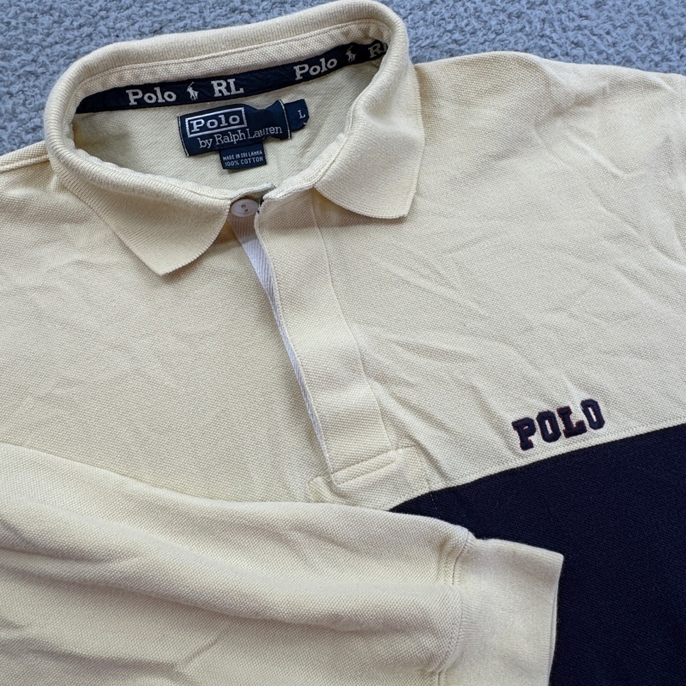 Vtg Polo Ralph Lauren Mens Long Sleeve Rugby‎ Shirt Yellow Navy Color Size L